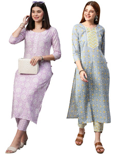 Gosriki Women'S Cotton Blend Printed Straight Kurta With Pant Pack Of 2 (Combo-Mukh-Mikaa-Gs_S_Multi_Small) Multicolour,Multicolour,,B0CM9HZVCG