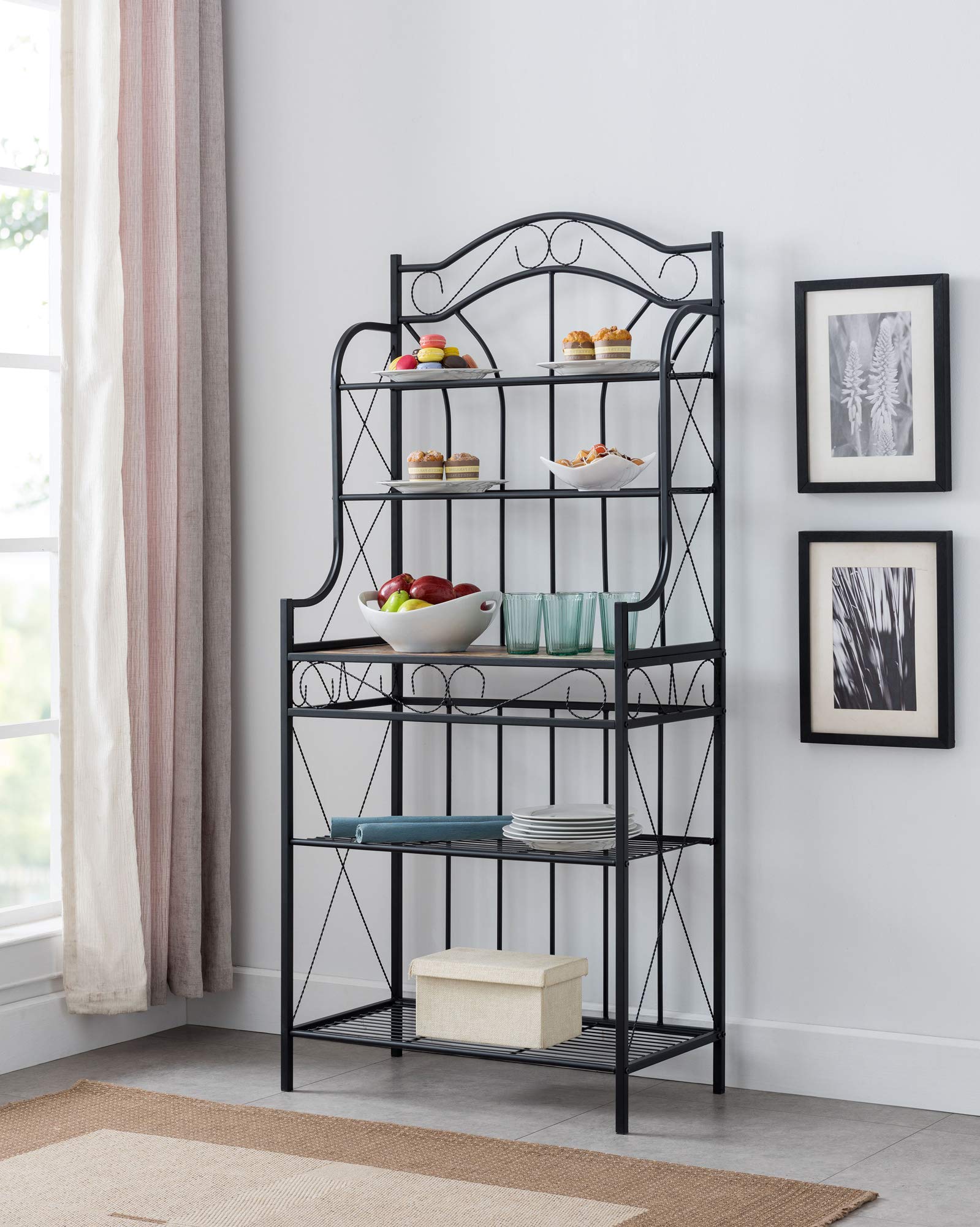 Pilaster Designs Leroy Transitional 5 Tier Freestanding Kitchen Bakers Rack With Black Metal Frame And Walnut Wood Center Shelf