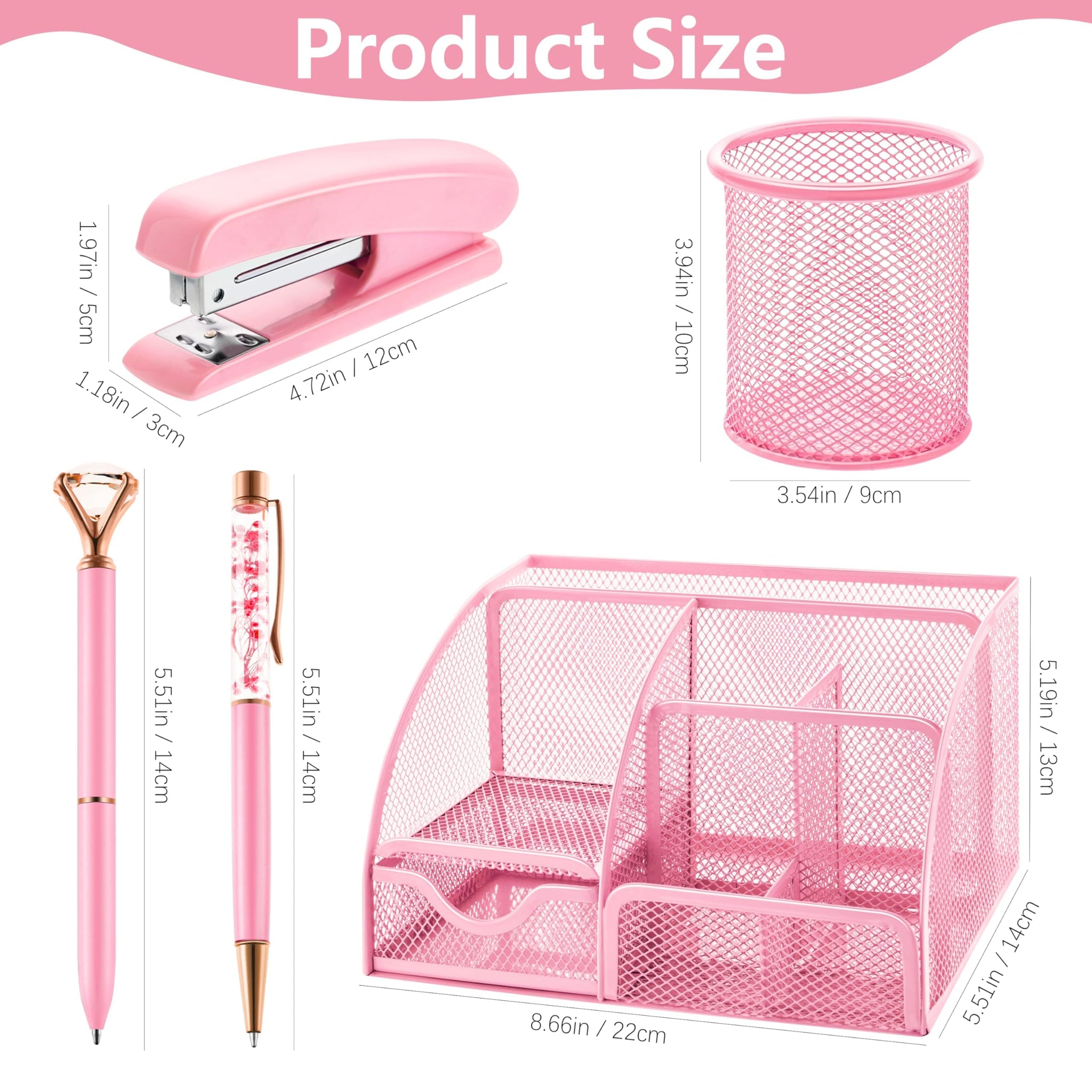 11 Pcs Pink Office Supplies Set Mesh Desk Organizer Accessories Kit Include Stapler Tape Dispenser Staple Remover Clips Ruler Sc