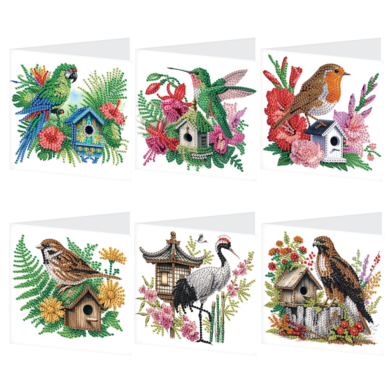 Tontut 6pcs Diamond Art Painting Kit Greeting Card, Bird on The House 5D DIY Diamond Handmade Holiday Greeting Card with Envelop