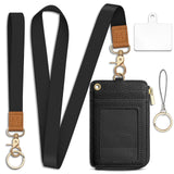 Piefly Black Lanyard Wallet with ID Badge Holder, Business Small RFID Wallet Women Keychain Wristlet, Slim Credit Card Holder wi