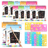 D Moto World DCW Rainbow Scratch Paper Notepad Set 12 Scratch Pads, 12 Wooden Stylus Pens & 12 Drawing Stencils Bulk Party F