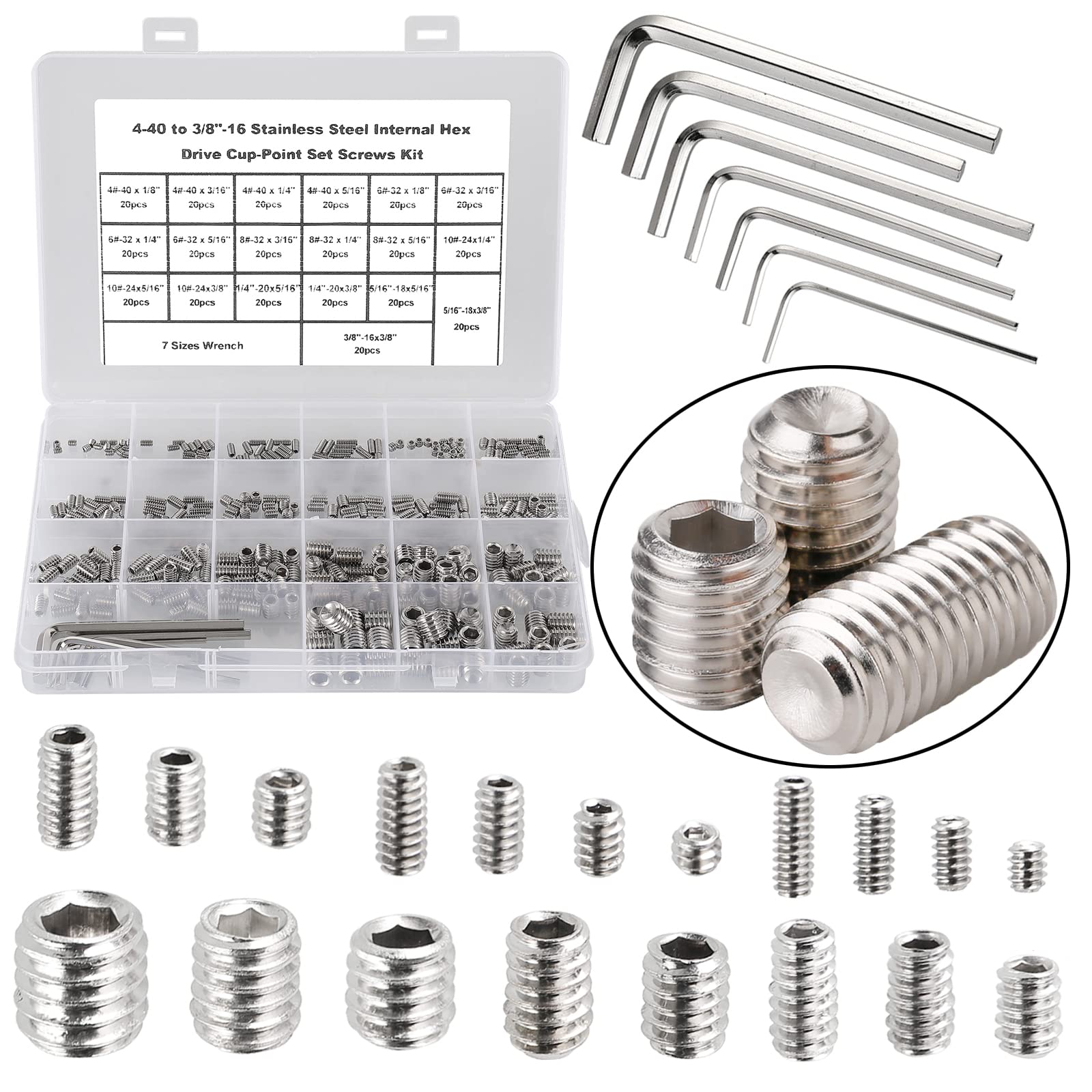 Hantof 380Pcs 19 Sizes #4-40 To 3/8-16 Unc Standard Sae Hex Socket Cup Point Set Screws, Allen Head Grub Screws, Internal Hex 
