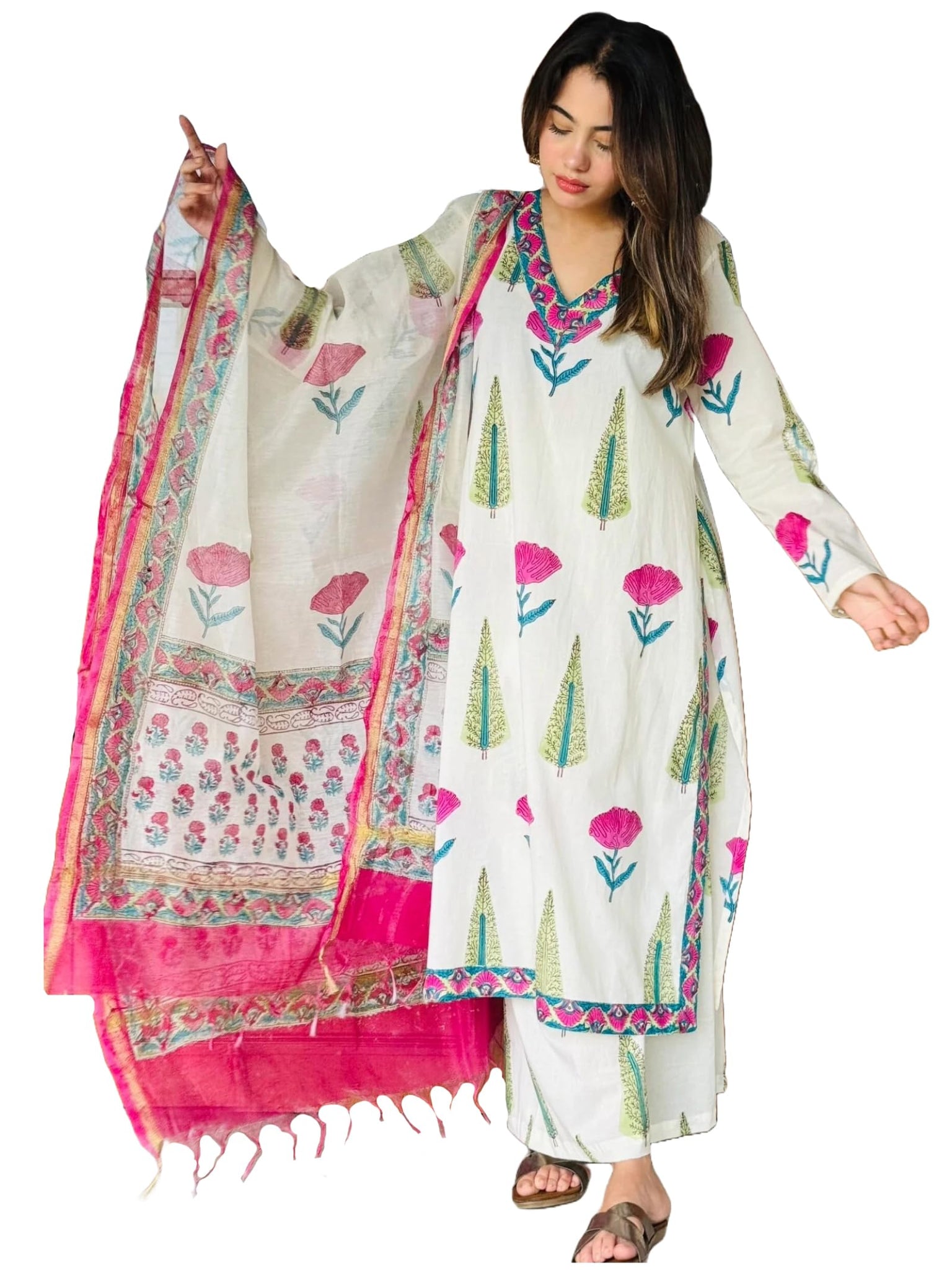 Anni Designer Women'S Rayon Blend Straight Printed Kurta With Pant & Dupatta (Ziggi White_Xl_White_X-Large),White,XL,,,