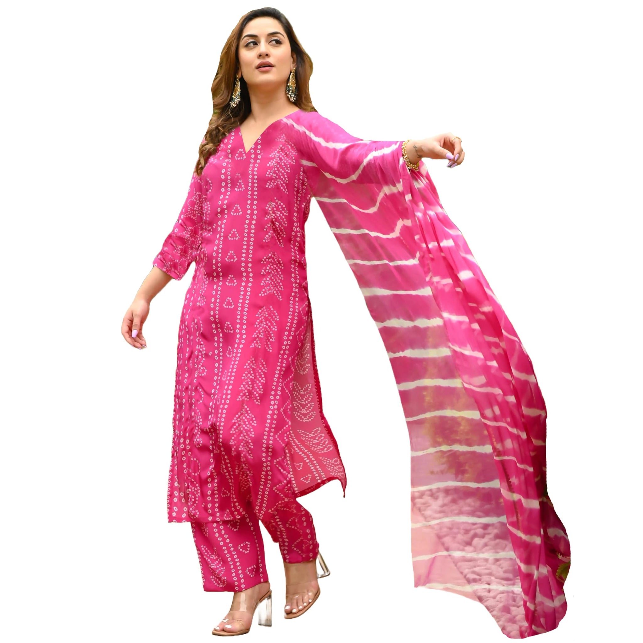 Anni Designer Women'S Rayon Blend Straight Bandhej Printed Kurta With Pant & Dupatta (Baghira Pink-Vks01_S_Pink_Small),Pink,S