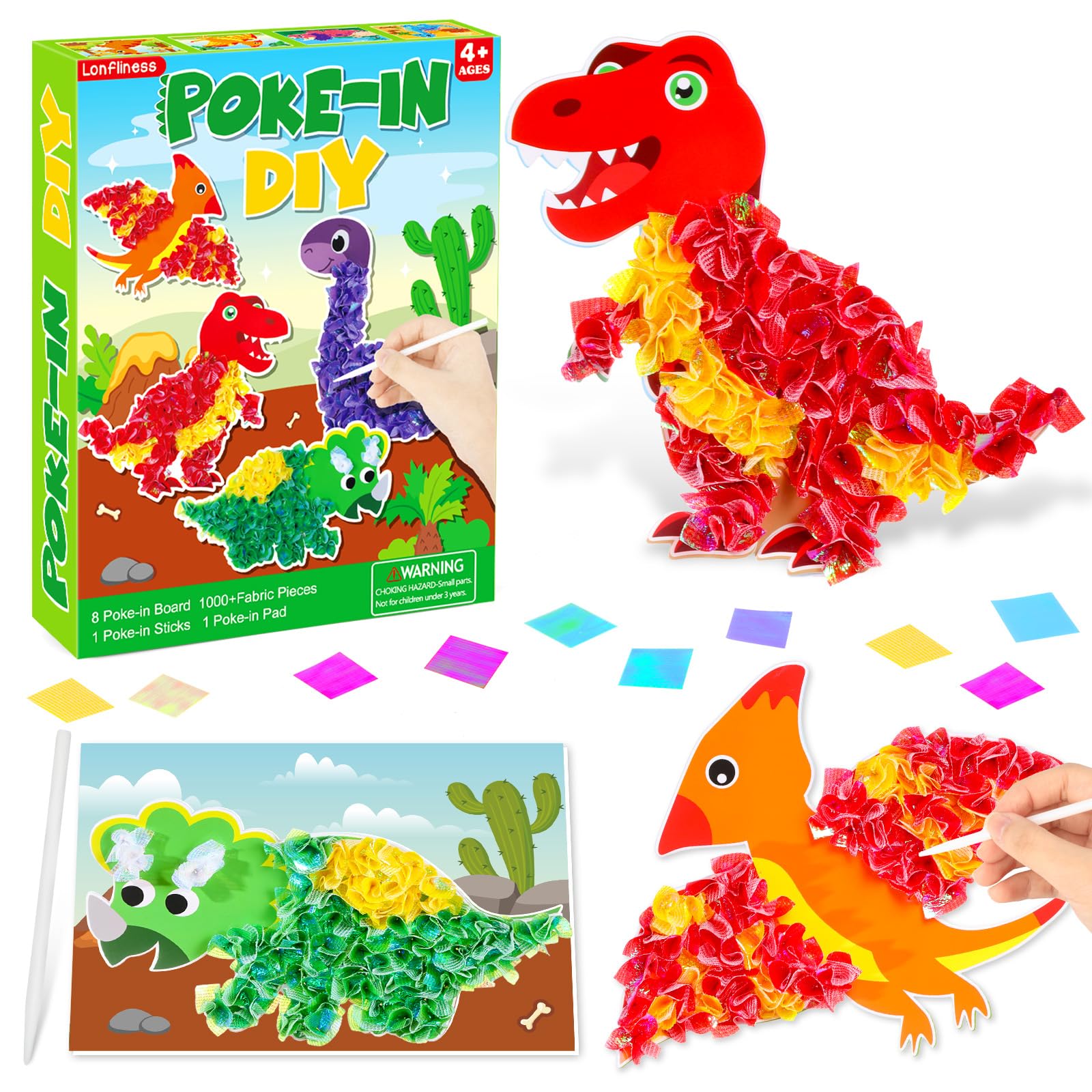 Lonfliness 8PCS Poke-in Craft and Art Kit Dinosaur Theme No-Mess Fabric Sewing Art Fabric Puzzle Puncture Painting Dino Toy Gift