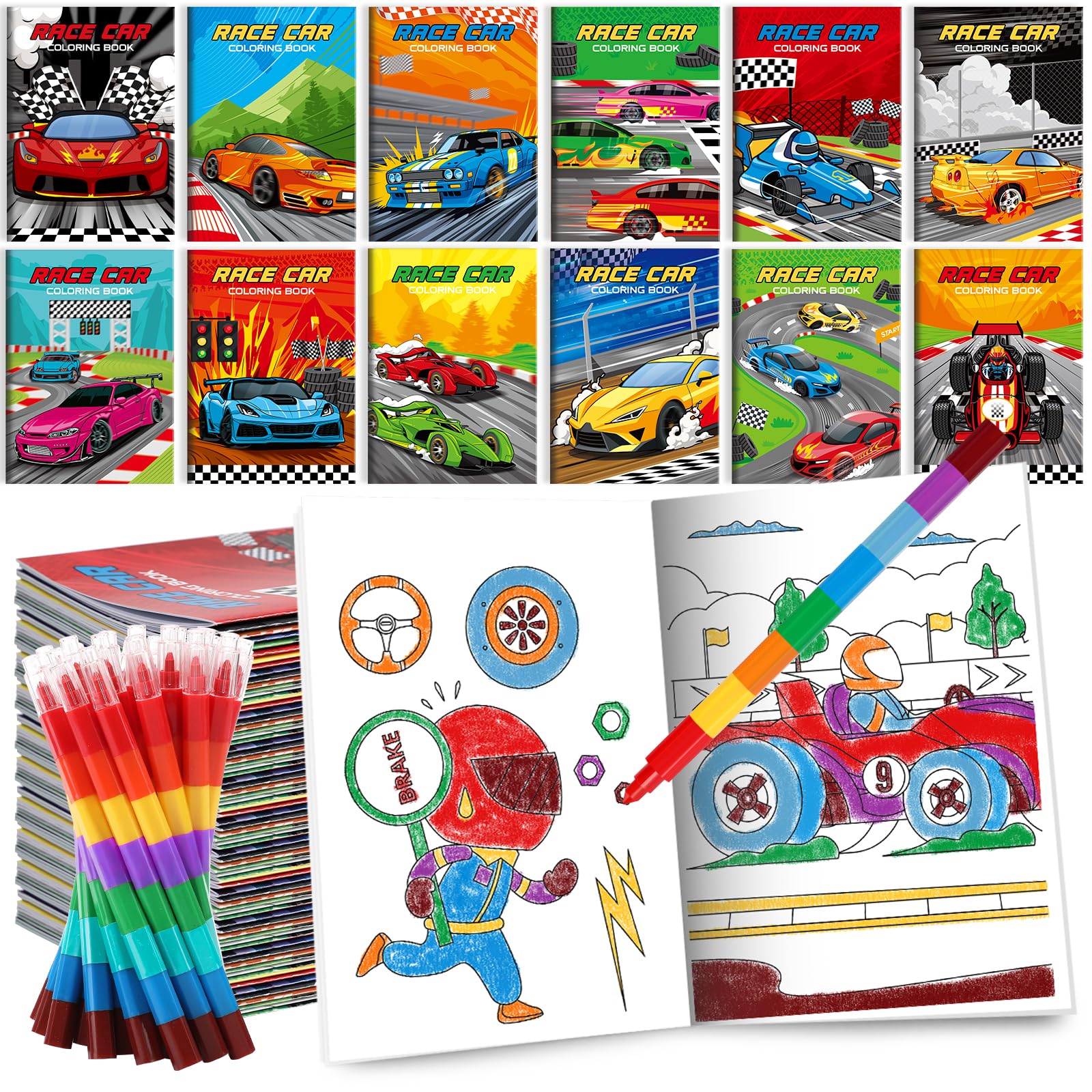 BenLouis 12 Race Car Mini Coloring Books Kids with 12 Stacking Crayons Racing Theme Party Favors Small Activity Books Bulk for K