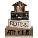 Moucuny 4 Pcs Christmas Table Decoration Christian Wooden Stacked Block Decor, Christmas Begins with Christ Signs with Nativity 