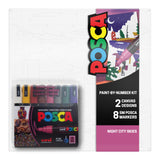 POSCA Canvas Paint by Number Kit, Night City Skies - 8 Acrylic Markers with 2 Pre-Drawn Canvases - Gift Set for Artists, Adults 