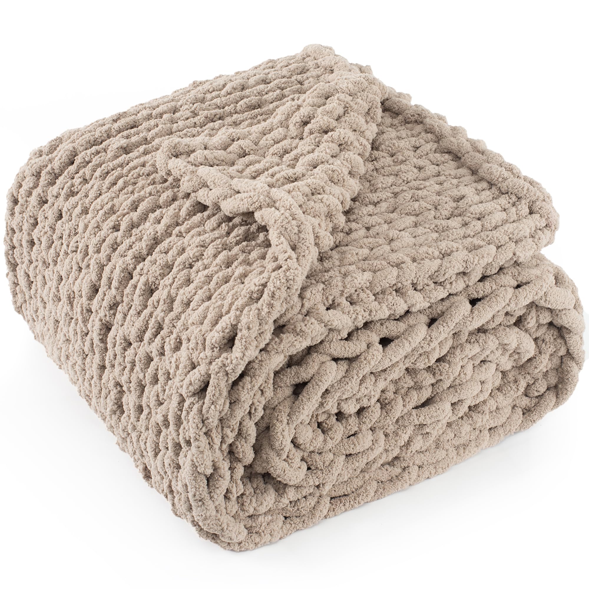 LONG CREATE Chunky Knit Throw Blanket 50X 60, 100% Handmade with Soft Chenille Yarn, 4.4lbs Thick Cable Knitted Blankets, La