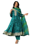 Rama Green Floral Printed Anarkali Kurta With Embellishment & Printed Trouser With Leheriya Dupatta