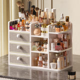 Large Makeup Organizer Countertop With Brush Holder Drawer For Vanity,Bamboo Bathroom Counter Organizers And Storage,Cosmetic Sk