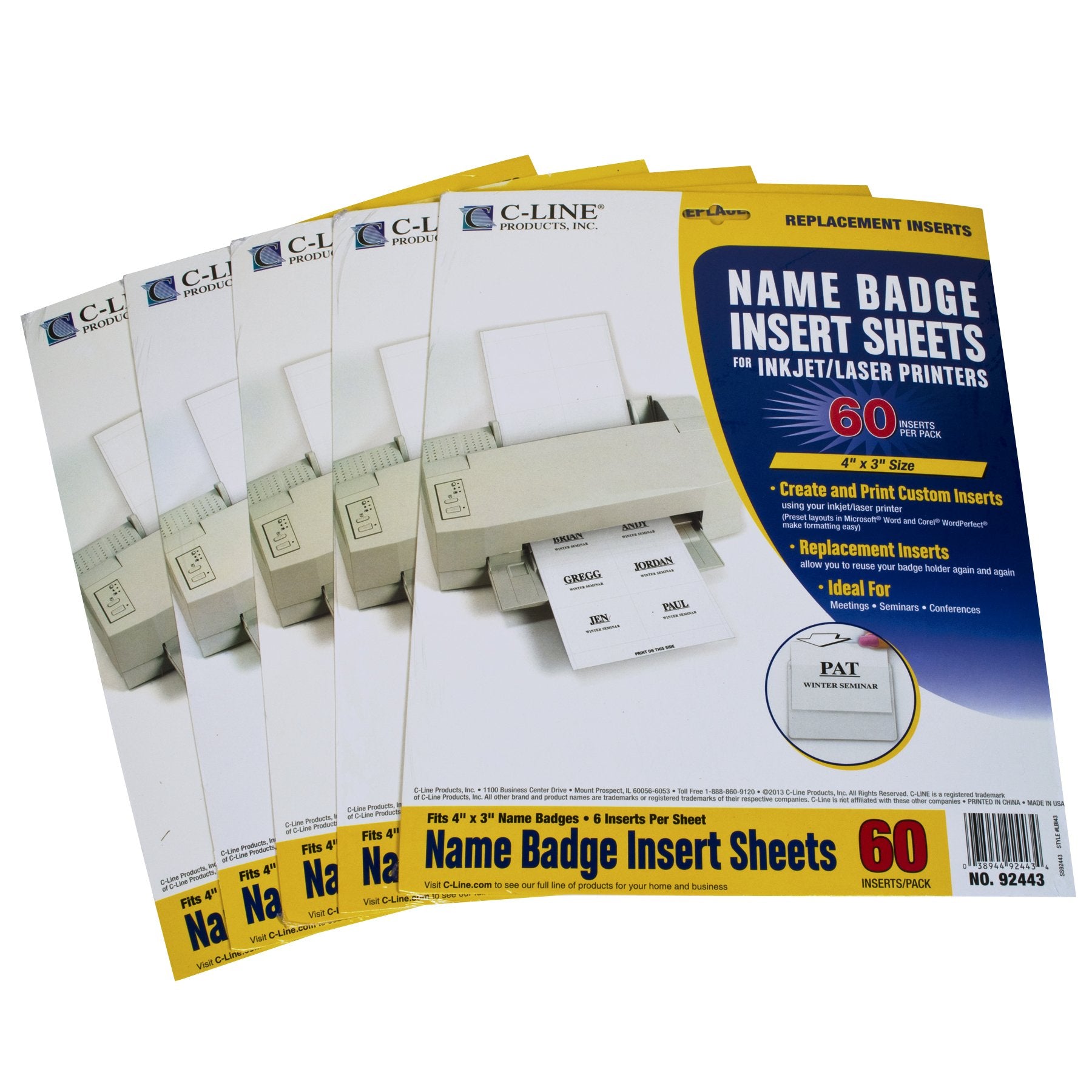 C-Line Replacement Inkjet/Laser Printer White Badge Inserts, 3 X 4 Inches, 6 Sheet, 5 Packs With 10 Sheets Per Pack, 300 Inserts