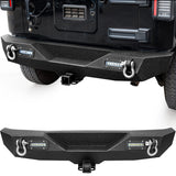 LEDKINGDOMUS Rear Bumper Compatible with 07-18 Jeep Wrangler JK and JK Unlimited, Off Road Back Bumper w/ 2x LED Lights & 2 Hitc