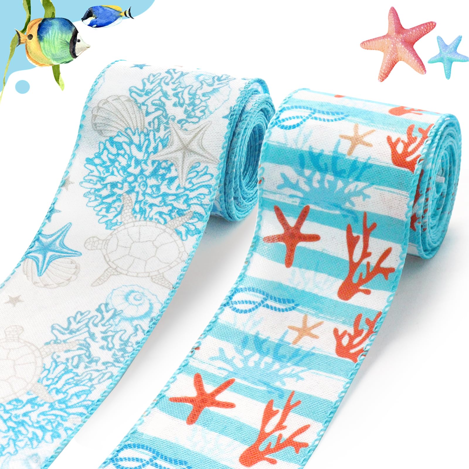 Threetols 2 Rolls 10 Yards Ocean Wired Edge Burlap Ribbon, Blue Corals Starfish Turtles Gift Wrapping for Farmhouse Party DIY Cr