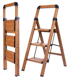 BIBKOKE Step Ladder 3-Step Woodgrain Finish Aluminum Folding Step Ladders,Anti-Slip Max 330 lbs