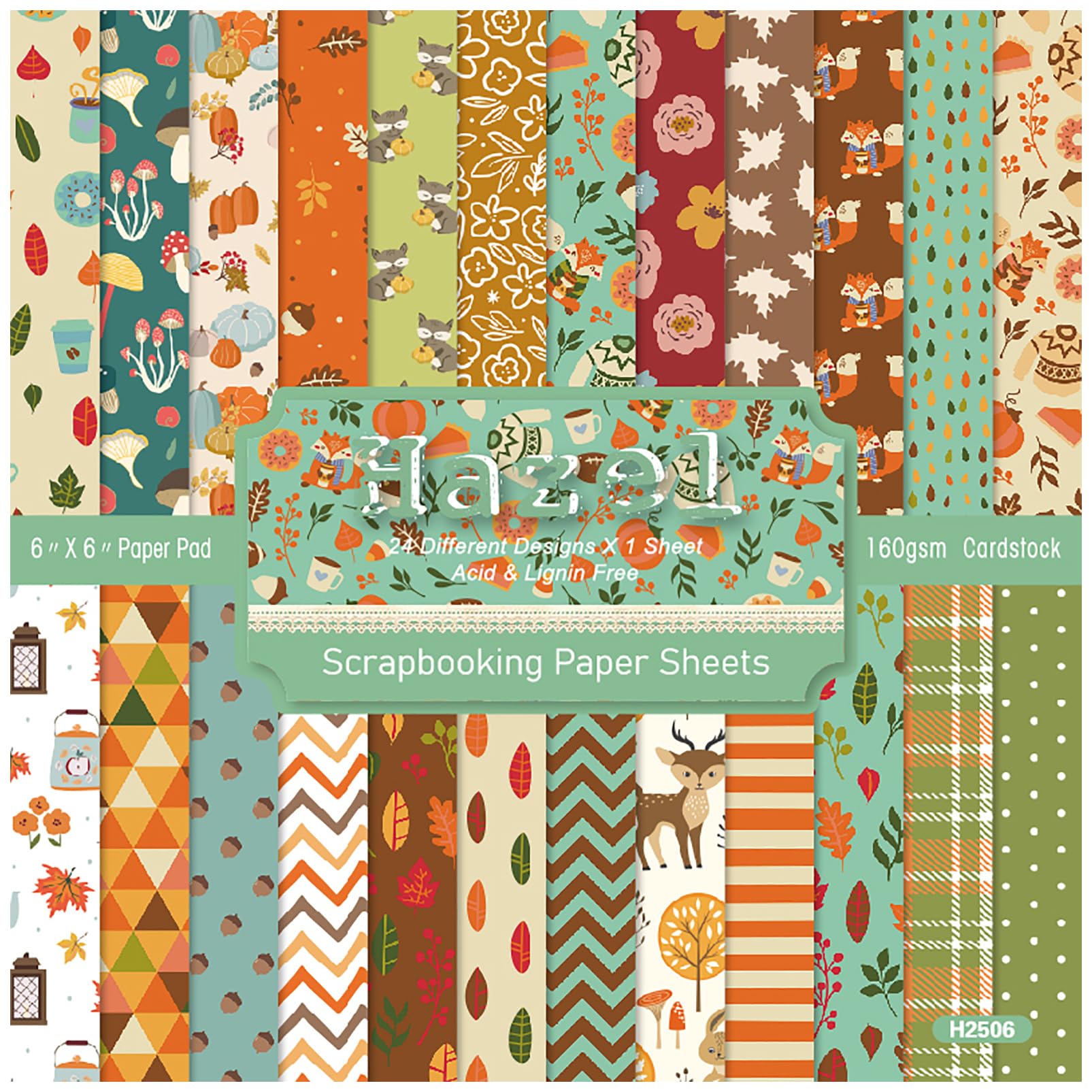 ZAKHSE Fall Scrapbook Paper 6x6, 24 Sheets Autumn Hazelnut Animal Pumpkin Patterned Cardstock, 24 Designs, Single Sided Harvest 