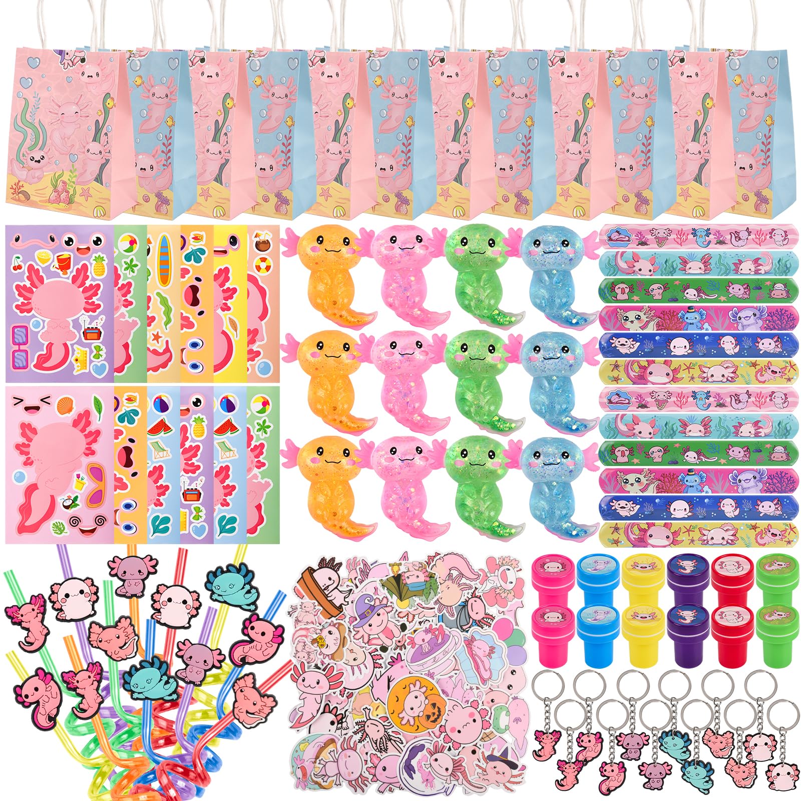 LiYiQ 134 Pcs Axolotl Party Favors included Straws Keychains Stamps Slap Bracelets Make Your Own Axolotl Stickers and Gifts Bags