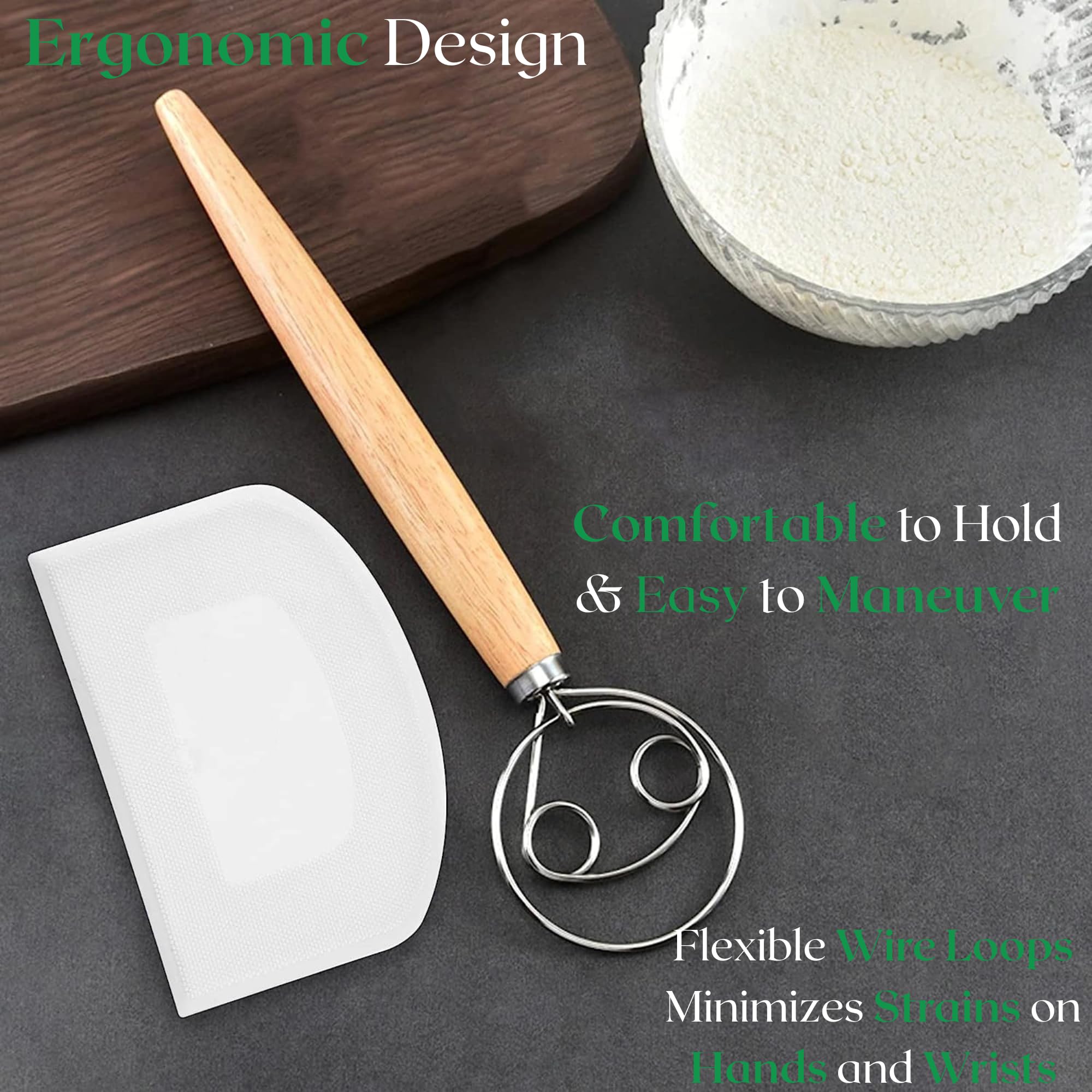 13 Inch Danish Dough Whisk with Dough Scraper, Dutch Bread Whisk with Stainless Steel Dough Hook, Sourdough Whisk for Baking, Da