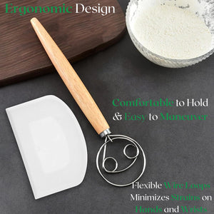 13 Inch Danish Dough Whisk with Dough Scraper, Dutch Bread Whisk with Stainless Steel Dough Hook, Sourdough Whisk for Baking, Da