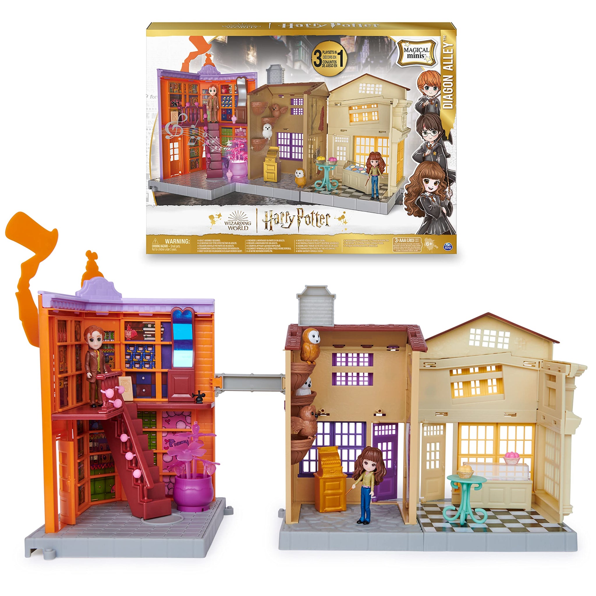 Wizarding World Harry Potter, Magical Minis Diagon Alley 3-in-1 Playset with Lights & Sounds, 2 Figures, 21 Accessories, Kids To