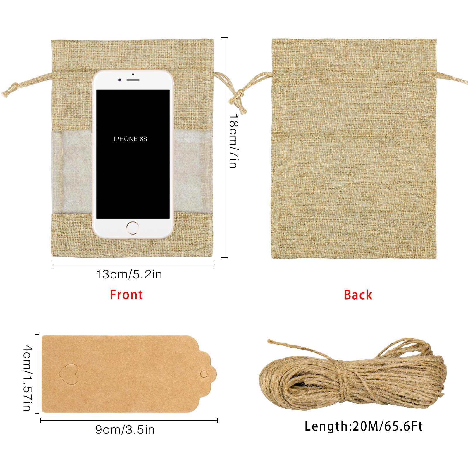 GIOIPC 50Pcs 4 x 6 Inch Linen Burlap Sheer Bags with Drawstring and Bonus Gift Tags for Wedding Birthday Bag,Craft Bags,Cosmetic