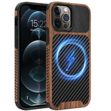 ZZDZZ Magnetic Case Compatible with iPhone 12 Pro Max Case [Compatible with MagSafe] Wood and Leather Carbon Fiber Design Hybrid