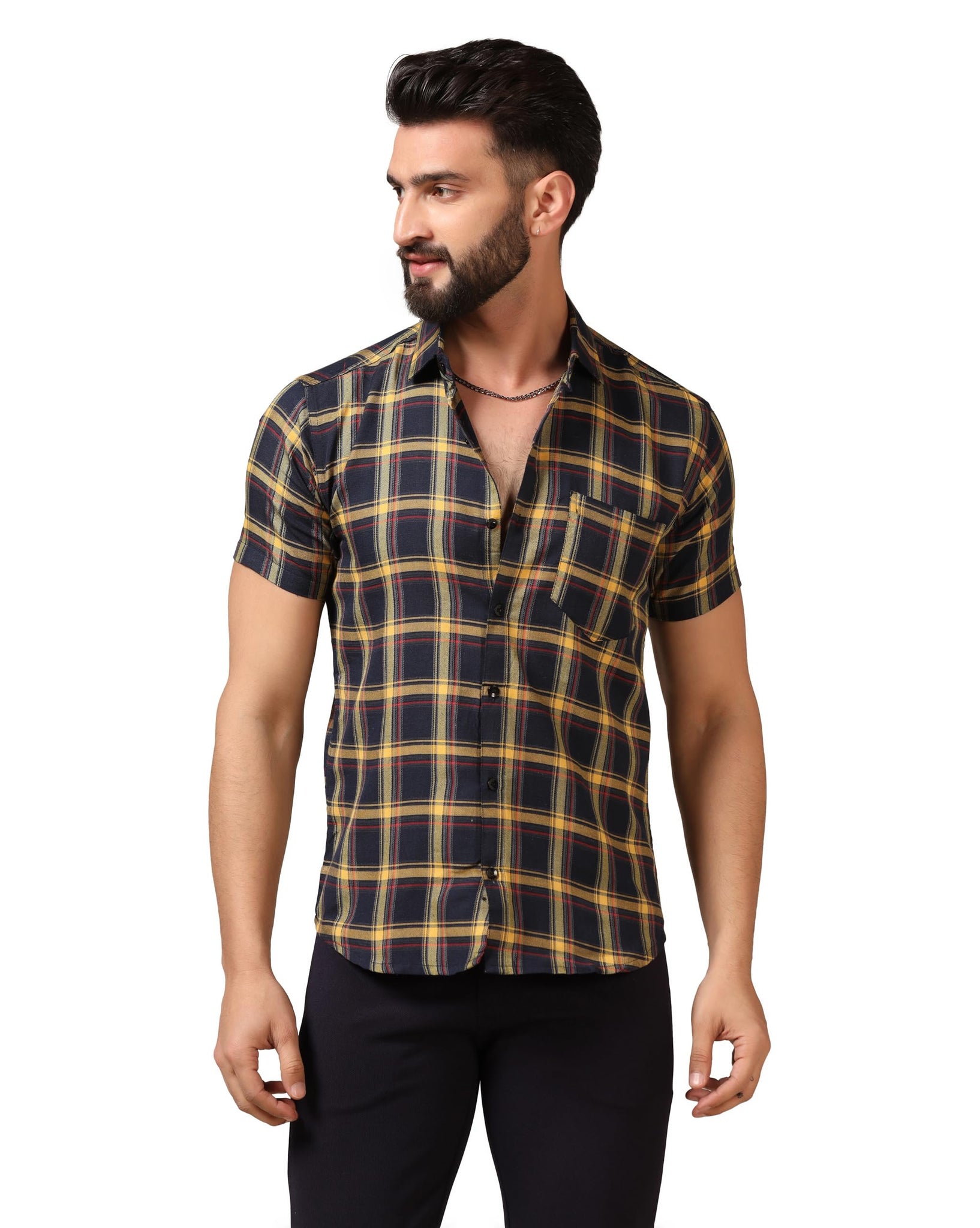 Toplot Men'S Regular Fit Casual Shirt Checks Design With Spread Collar & Half Sleeves (Chex-Shirt-5177-Yellow-L),Yellow,,B0CYGTPV8F
