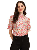 Wedani Women'S Casual Puff Sleeves Ruffled Collor Foral Top (Medium Pink),Pink,M