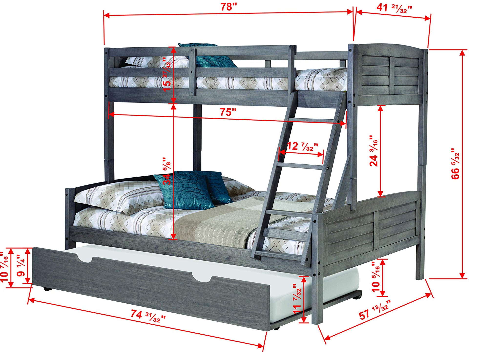Donco Kids Louver Bunk Bed Withtrundle, Twinfulltwin, Antique Grey