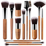 13 Bamboo Makeup Eye Brow Brushes Professional Set - Vegan & Cruelty Free - Eye shadow, Eyebrow, Eyeliner, Blending, Foundation,