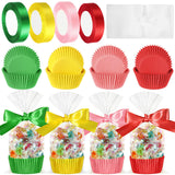 Remerry 100 Pcs Christmas Thanksgiving Day Clear Goody Party Favor Treat Bags, Cupcake Liners with Plastic Candy Bag and Ribbons