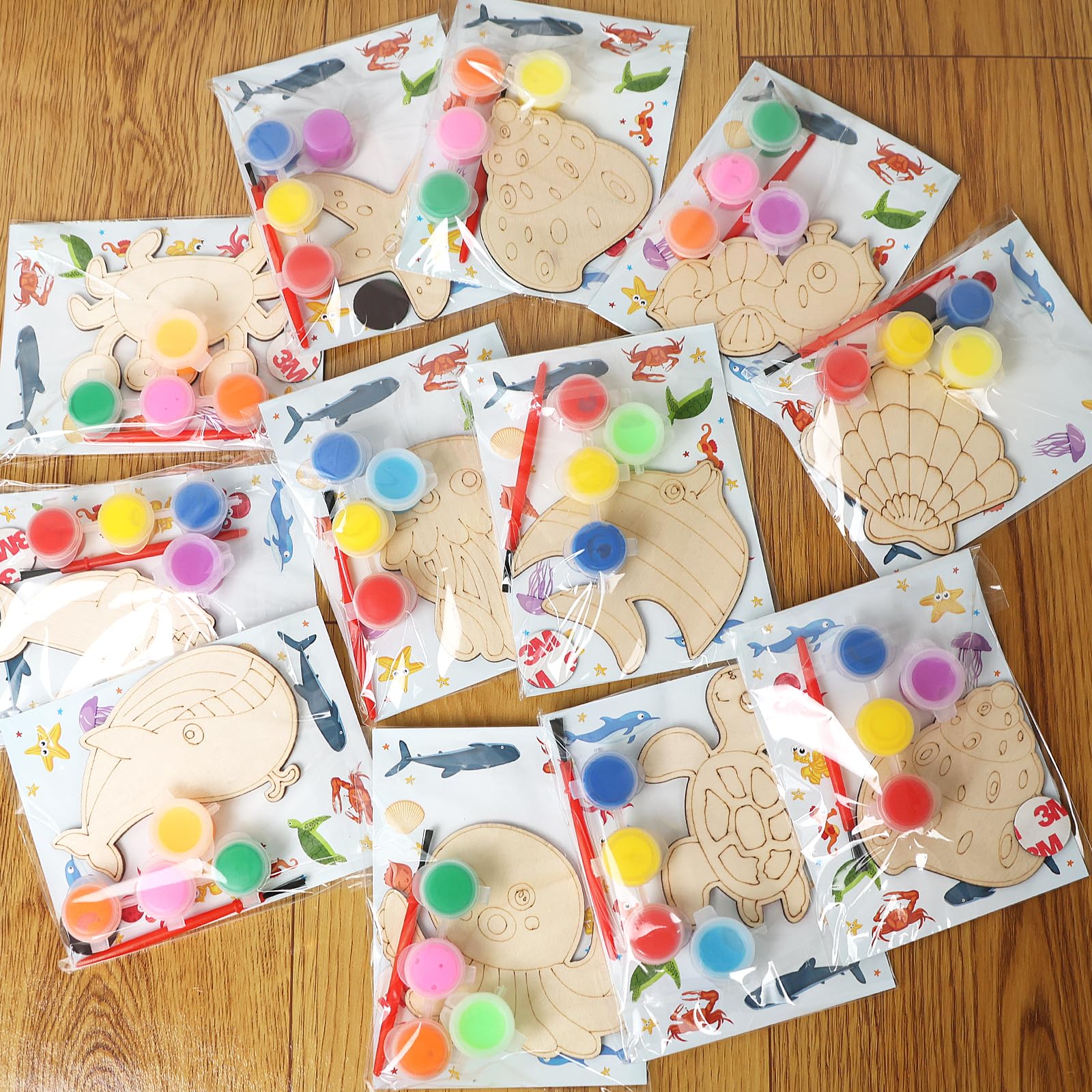 LARDUX Under The Sea Party Favors, 24PCS DIY Sea Ocean Animals Party Favors Wooden Arts & Crafts Painting Kit for Kids, Glow in 