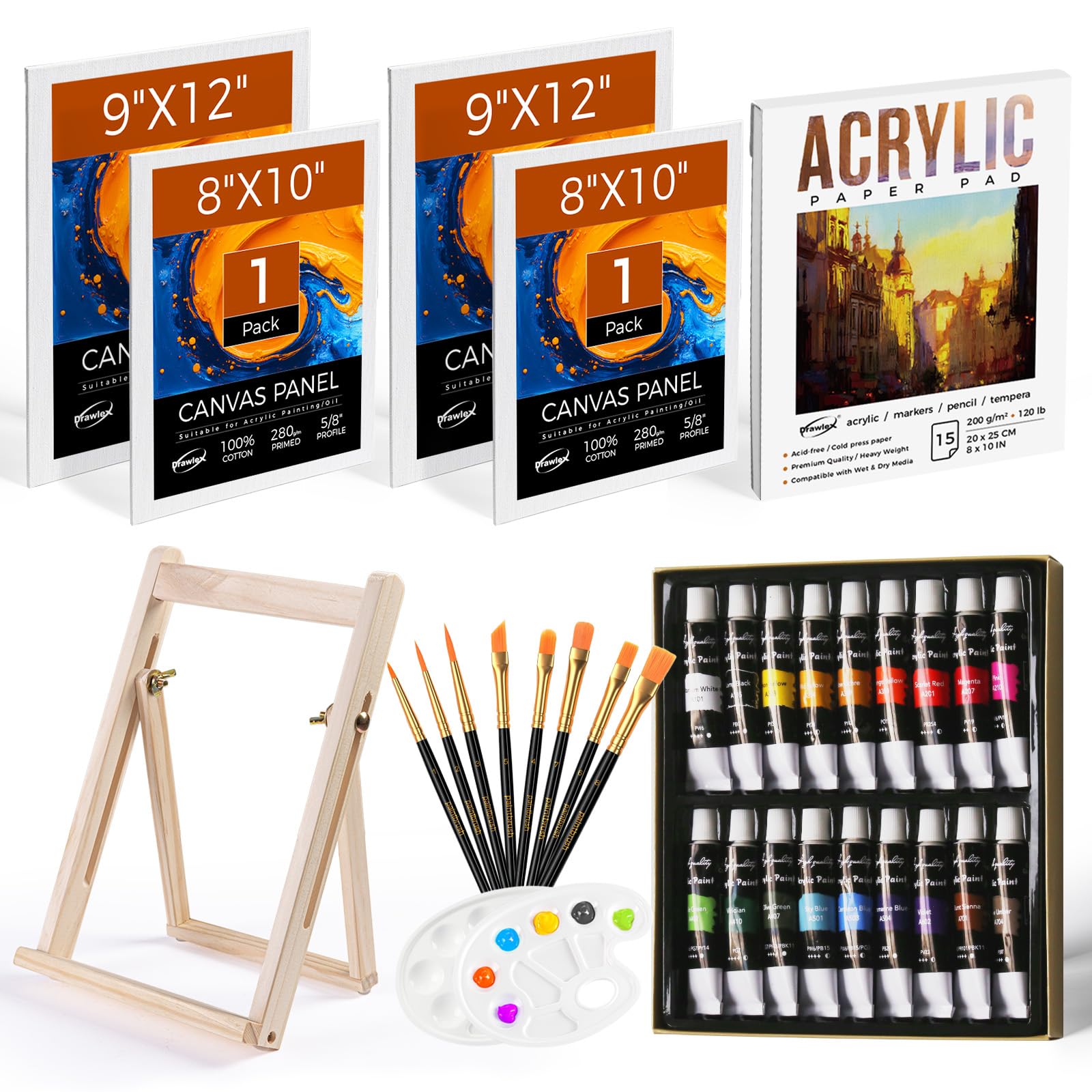 Paint Set, Painting Set for Adults Kids, 34 PCS Painting Kit with 18 Acrylic Paints, 4 Canvas Panels, Drawing Pad, Wood Easel, I