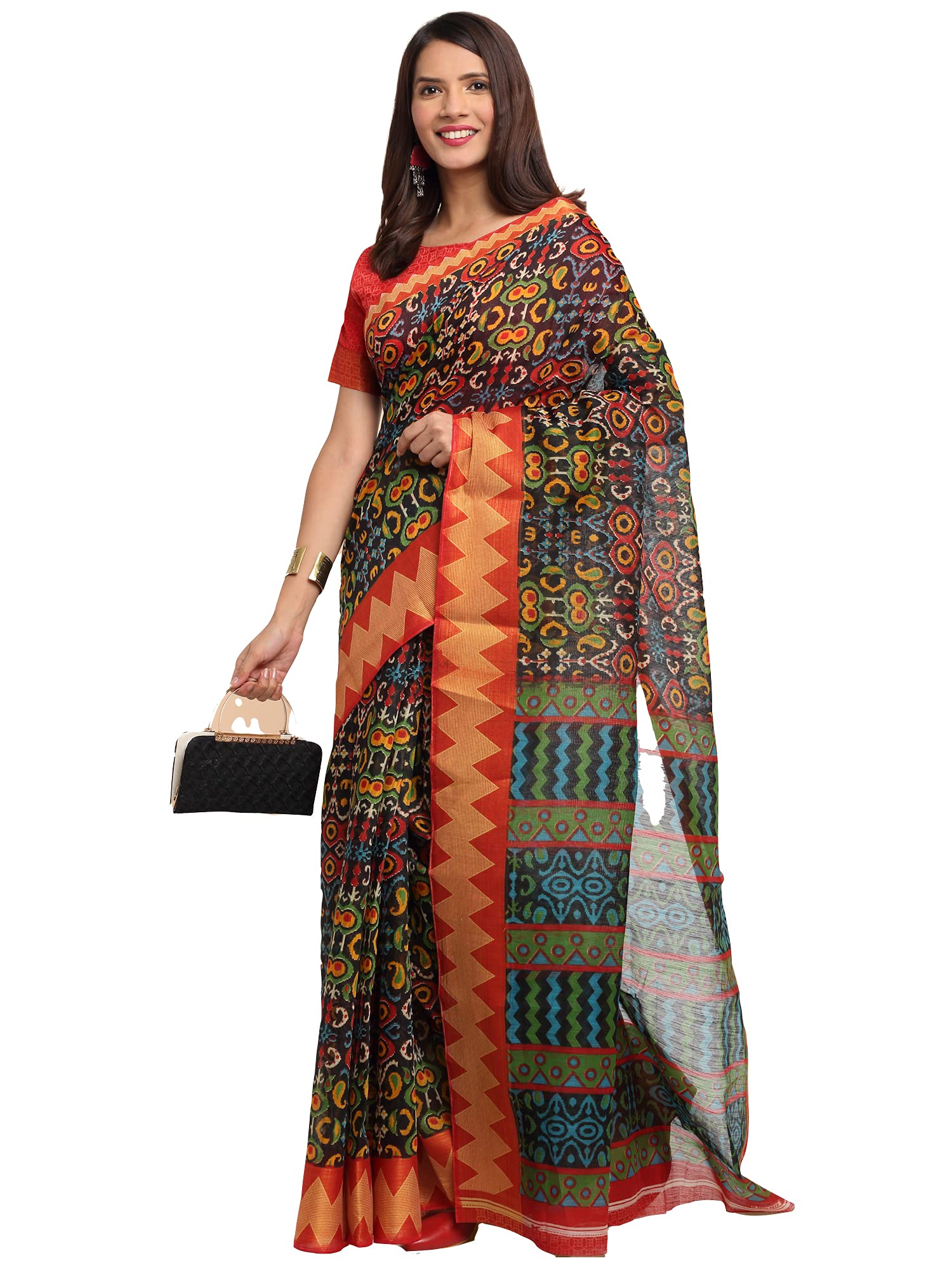 Anni Designer Women'S Linen Cotton Printed Saree With Blouse Piece (Srisha Black_Black),Black,Free
