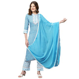 Anni Designer Women'S Cotton Blend Straight Printed Kurta With Pant & Dupatta (Sky Bird New Blue_Xxl_Blue_Xx-Large),Blue,2XL