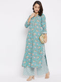 Tissu Women'S Cotton Sea Green & Pink Floral Printed Kurta With Palazzo (Tis-600_Green_Xl)