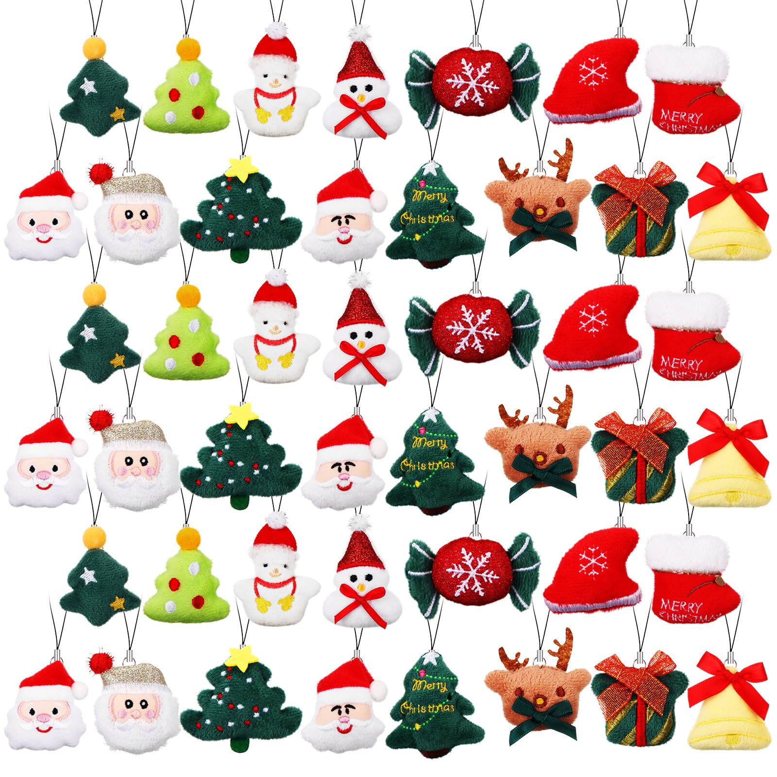 Libima 60 Pcs Christmas Mini Stuffed Animals Christmas Plush Keychain Santa Claus Tree Santa Hat Elk Bells Snowmen Hanging Plush