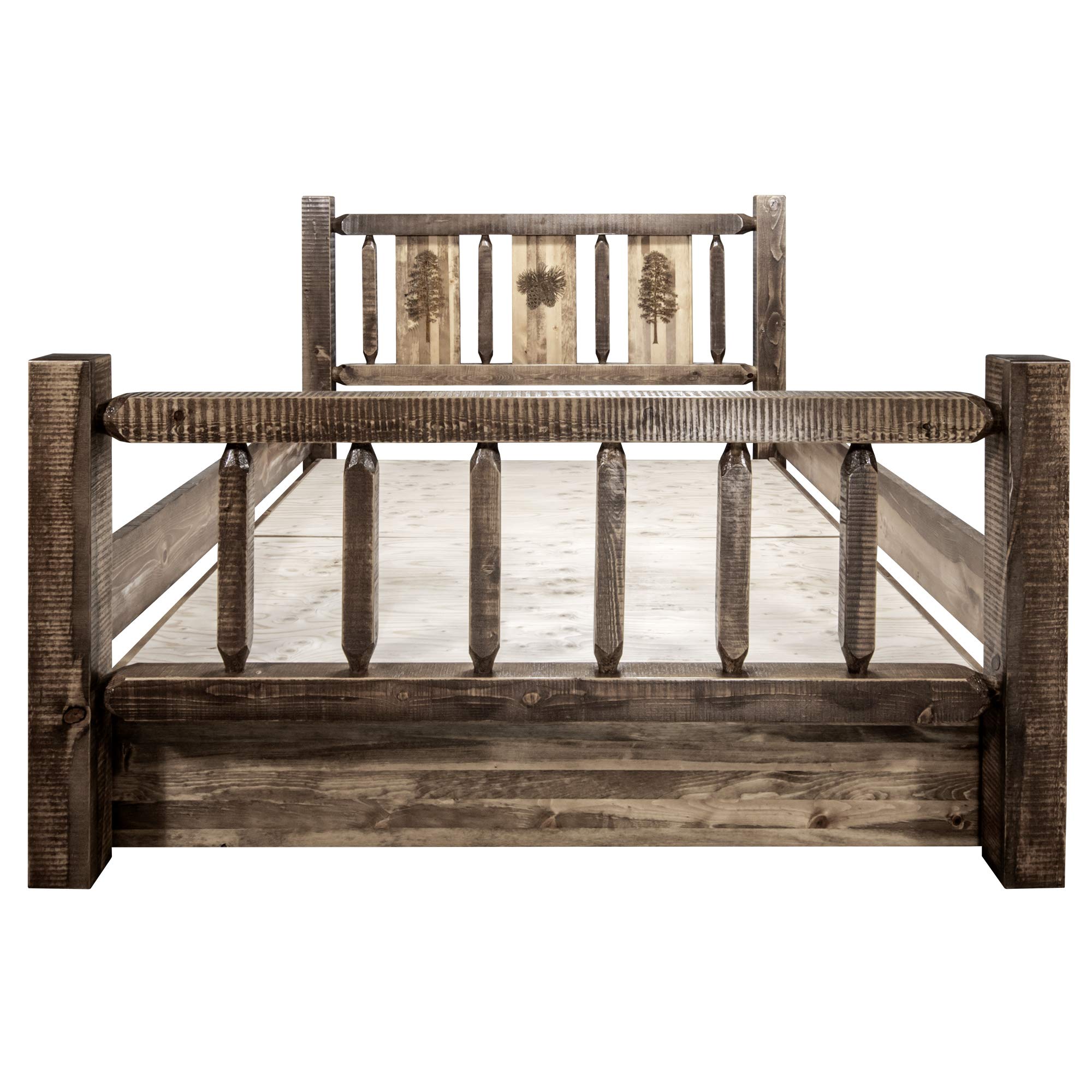 Montana Woodworks Homestead Collection Queen Storage Bed With Laser Engraved Pine Design, Stain & Clear Lacquer Finish