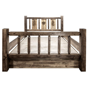 Montana Woodworks Homestead Collection Queen Storage Bed With Laser Engraved Pine Design, Stain & Clear Lacquer Finish