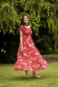 Anni Designer Women'S Cotton Blend Anarkali Printed Long Kurta (Maulik Red_M_Red_Medium),Red,M,,,
