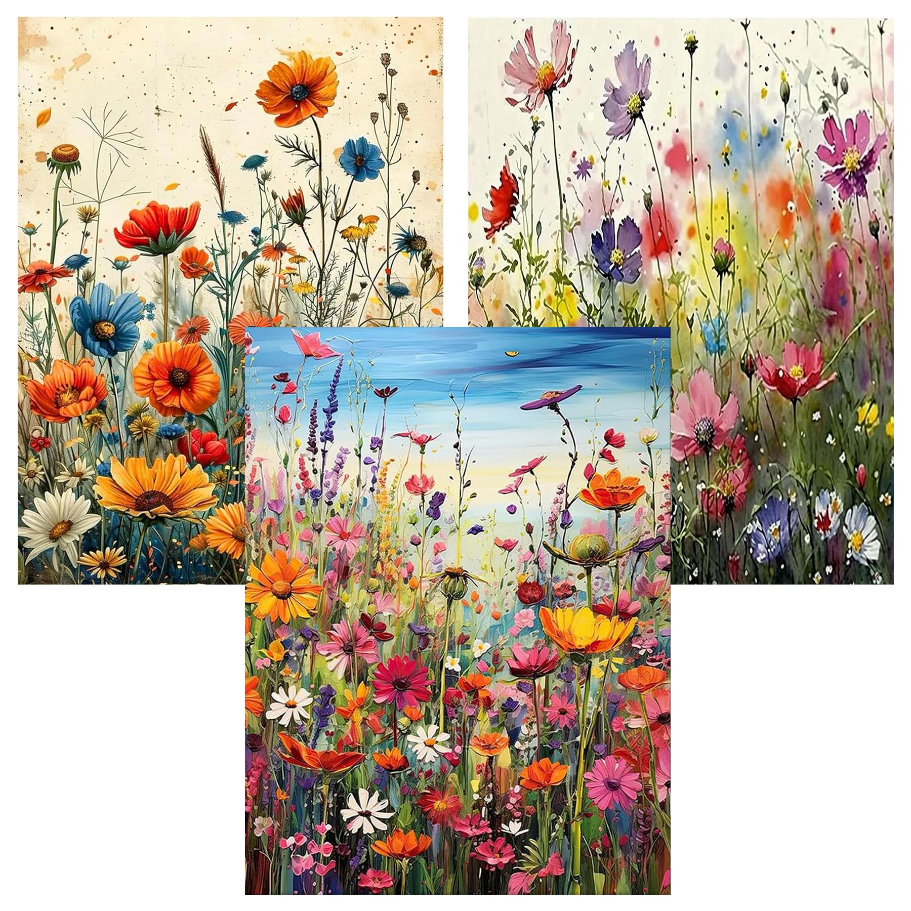 igoodom Wild Flowers Diamond Art Kits for Adults, 3 Pack Flowers Diamond Painting Kit, Full Drill Round Flower Diamond Art Kits,