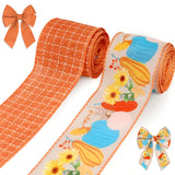 2 Rolls Fall Pumpkins Leaves Ribbons for Bows, Thanksgiving Wired Edge Ribbon Orange Buffalo Plaid Burlap Ribbons for Gift Wrapp