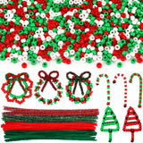 UPINS 1500Pcs Christmas Pony Beads,Red Green and White with Pony Beads 50Pcs Red Green Chenille Stems Pipe Cleaners for Christma