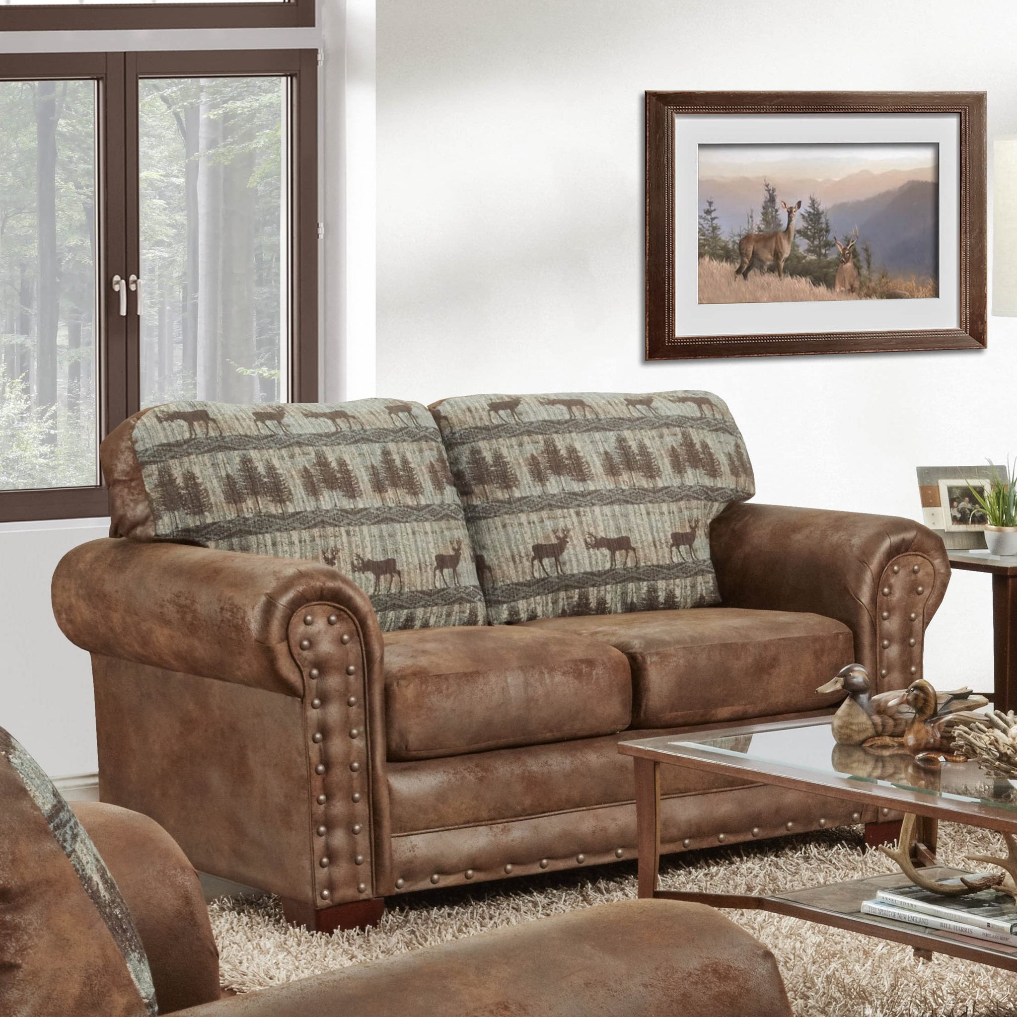 American Furniture Classics Model 8502-90 Deer Teal Lodge Tapestry Loveseat