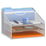 GAWERK Letter Tray Organizer, Mesh Desk File Organizer with 3 Paper Trays and 2 Vertical Upright Section (Silver)