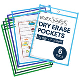 Essex Wares - 6 Pack, Blues & Greens, Water-Resistant Dry Erase Pocket Document Protectors, 10 Wide x 13.5 Tall - Dry Erase Clea