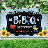 IPonfees Large Size BBQ Baby Shower Backdrop, 71x43 Inch Blue Vinyl Banner, Includes 236'' Rope, Perfect for Baby Shower, Birthd