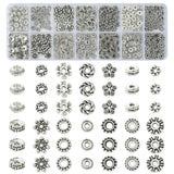 Ipotkitt 420pcs 14 Styles Flower Themed Metal Beads Antique Silver Floral Beads Flat Round Spacer Ornaments for DIY Craft Bracel