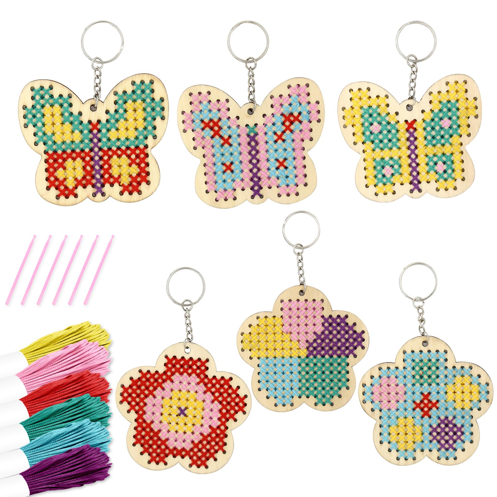 VKPI Wooden Cross Stitch Kits for Kids, Make Your Own 6 Cross Stitching Keyrings, Wood Sewing Kit, Arts & Crafts Butterfly, Flow